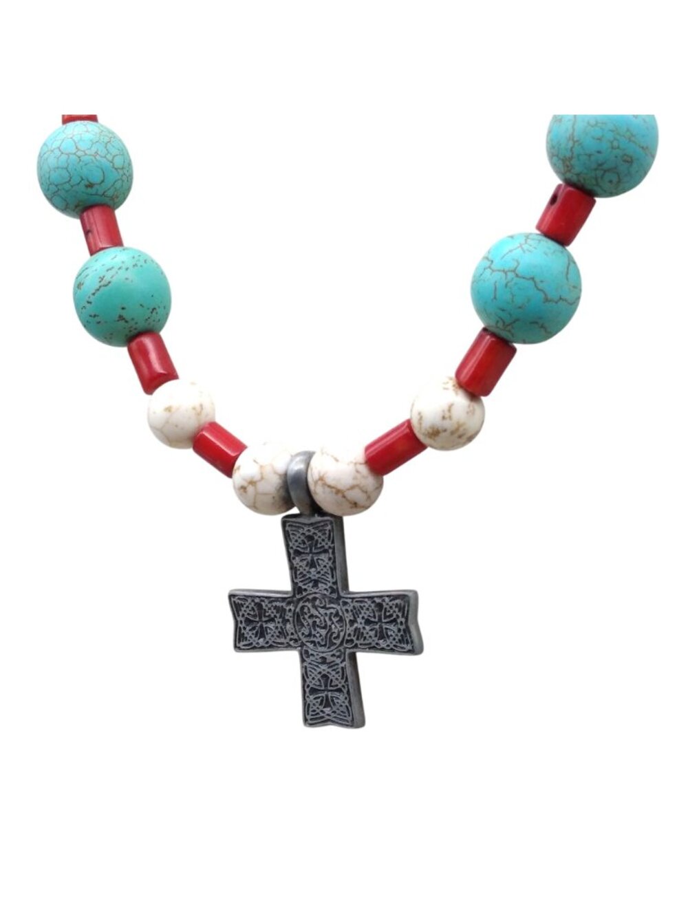 Howlite Beaded Pendant Necklace, Celtic Cross in Pewter Tone with Blue and White - Picture 3 of 5